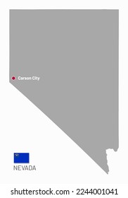 Gray map of Nevada, federal state of USA. Silhouette of Nevada abstract outline editable map with borders, Carson City capital and flag of American state vector illustration