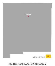 Gray map of New Mexico federal state of USA. Silhouette of New Mexico abstract outline editable map with borders, Santa Fe capital and flag of American state realistic vector illustration