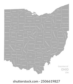 Gray map of Ohio, federal state of USA. Silhouette of Ohio abstract outline editable map with borders and flag of federal state realistic vector illustration