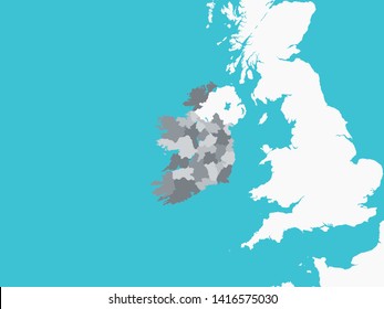 Gray Map of Regions of Ireland with Surrounding Terrain