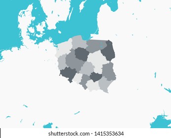 Gray Map of Regions of Poland with Surrounding Terrain
