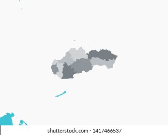 Gray Map of Regions of Slovakia with Surrounding Terrain