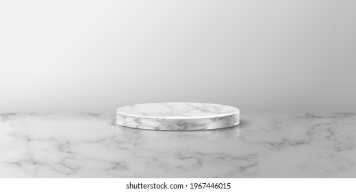 Gray marble round podium for product. 3d pedestal in stone pattern vector illustration. Geometric stage on floor in room. Abstract realistic place for advertising or decoration.