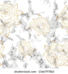 Gray marble texture and golden peony flower seamless pattern design