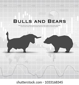 Gray market background with bull and bear black silhouettes