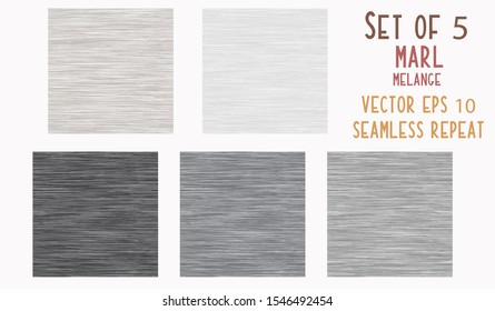 Gray Marl Heather Texture Background. Faux Cotton Fabric with Vertical T Shirt Style. Vector Pattern Design. Grey, Black, White Melange Triblend for Textile Effect. Vector EPS 10 Tile Repeat SET of 5 