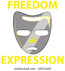 gray mask with large text on yellow represented free speech