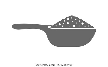 Gray measuring scoop icon filled with protein powder, laundry detergent, or baking ingredients in flat vector style.