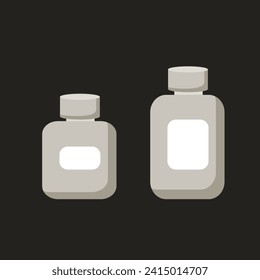 Gray medicine jars with screw-on lids and white labels. Jars of different size and volume. Icons