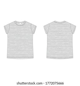 Graue melange T-Shirt leere Vorlage Vektorgrafik. Tee-Shirt mit technischer Kinderskizze einzeln auf weißem Hintergrund. Vorn und hinten. Der lockere Stil.