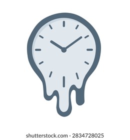 Gray melting wall clock in flat vector style representing distorted time deadlines waiting stress time pressure and the passing of time.