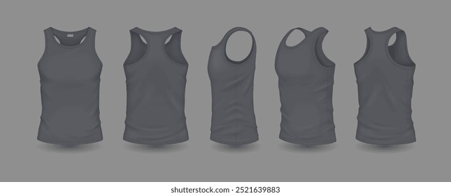 Camisas sem mangas homens cinzentos com logotipo mockup conjunto de ilustração vetor realista. Traje de verão com modelos 3d de modelo de logotipo em fundo cinza