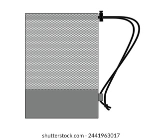 Gray Mesh Drawstring Bag Template On White Background, Vector File.