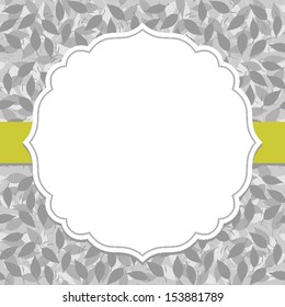gray messy leaves in layers monochrome botanical seamless pattern on light background with white retro frame on green horizontal ribbon
