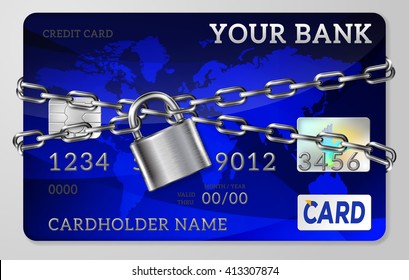 The gray metal chain and lock, handcuffed credit card, vector illustration