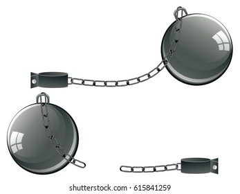 Gray metal chains with ball and shackles on white background. 