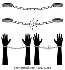 Gray metal chains with shackles on hands silhouette on white background.