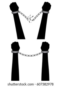 Gray metal chains with shackles on hands silhouette on white background.