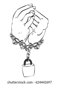 Gray metal chains with shackles on hands silhouette on white background.