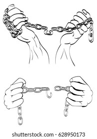 Gray metal chains with shackles on hands silhouette on white background.