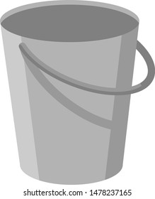 Gray metal empty bucket with a handle. Isolated white background. A bucketful for washing food, water and drink. Household chores pail. Vector flat cartoon illustration.