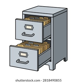 Gray metal file cabinet with open drawers holding yellow folders for office organization and storage
