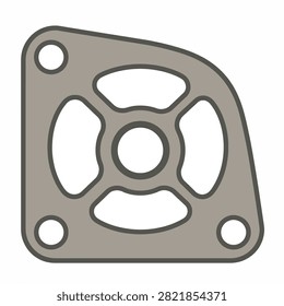Gray metal gasket with four bolt holes and a central circular cutout