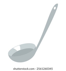 Gray metal ladle with a long handle and a deep bowl, featuring a hole at the end of the handle for hanging. Ideal for serving soups, stews, and liquid-based dishes