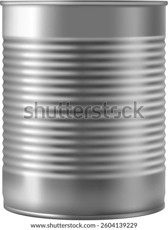 Gray metal tin can featuring parallel horizontal grooves, designed for preserving food or drink, isolated against a clean white background for a striking presentation