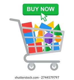 Gray metal trolley filled with primary color cubes pyramids spheres and triangles under green online purchase button