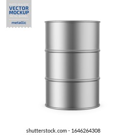 Gray metallic 200 l metal barrel. Container for liquid chemical products - oil, fuel, gasoline. Photo-realistic packaging vector mockup template. Vector 3d illustration.