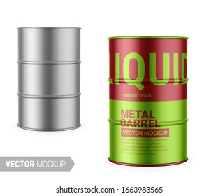 Gray metallic 200 l metal barrel. Container for liquid chemical products - oil, fuel, gasoline. Photo-realistic packaging vector mockup template with sample design. Vector 3d illustration.