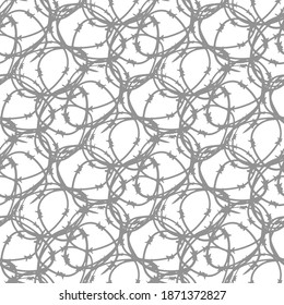 Gray metallic barbed wire isolated on white background. Monochrome seamless pattern. Vector flat graphic hand drawn illustration. Texture.