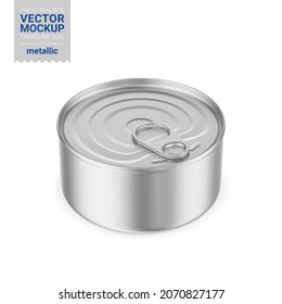 Gray metallic round tin can with pull tab. Hi-angle view. Photorealistic packaging mockup template. Contains an accurate mesh to wrap your artwork with the correct envelope distortion