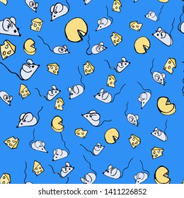 Gray mice with pieces of cheese on a 
blue background