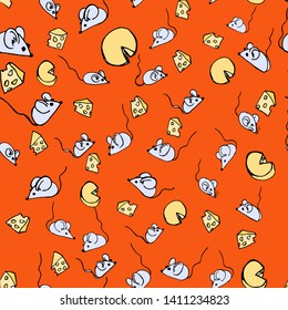Gray mice and pieces of cheese on orange background