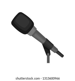 Gray microphone with soft black sponge. Mic on stand. Sound recording equipment. Flat vector icon