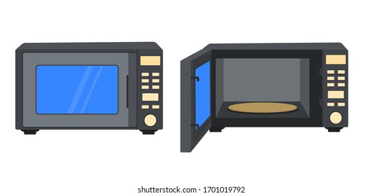 Horno de microondas gris con puerta abierta y vista frontal. Vector, ilustración
