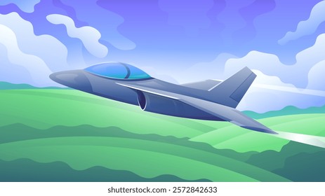 Gray military airplane side view flying over field scene. Cartoon supersonic fighter jet aerial view.