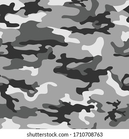 Gray Military Camo Seamless Pattern On Textile. Vector