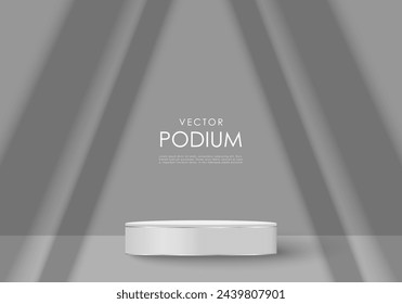 Gray minimalistic cylindrical 3D podium with silver stripes for product display. Podium, pedestal for cosmetics, perfumes and jewelry