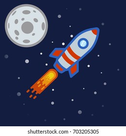 A gray missile sticker with red stripes and blue portholes that flies past moon among stars