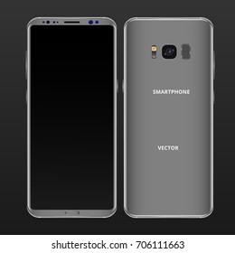 Gray mobile phone concept, front view and backside with camera, flash and speaker on a black background. Smartphone with camera buttons, power and volume. Vector realistic high detailed illustration.