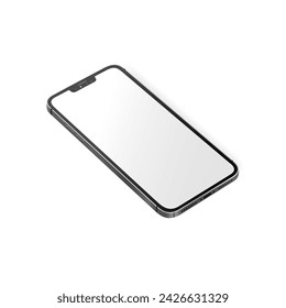 Gray mock up isometric phone in modern style on transparent background. Smartphone mockup white screen.