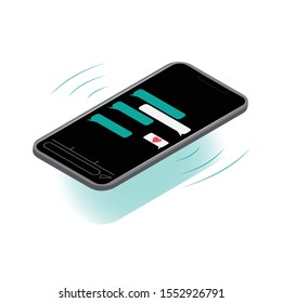Gray modern cell phone with black screen theme. Message chat with heart emoticon. Incoming call ring. Isometric vector stock illustration. Communication in social media concept. Turquoise blue shadow