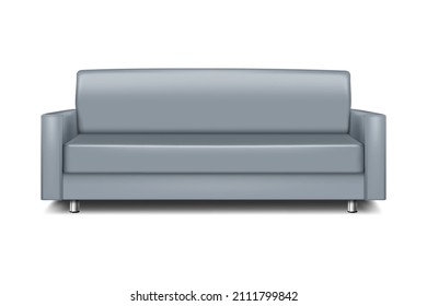 Gray Modern Sofa - Realistic Vector Illustration. Grey Leather Couch With Metal Legs