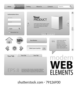 Gray Modern Website Design Elements: Buttons, Form, Slider, Scroll, Icons, Tab, Menu, Navigation Bar