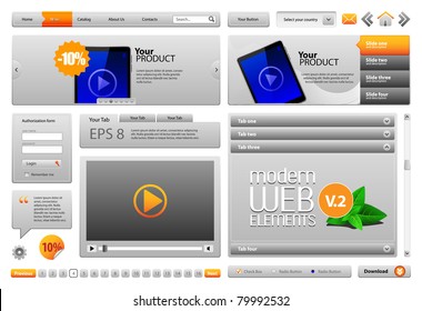 Gray Modern Website Design Elements V.2: Buttons, Form, Slider, Scroll, Icons, Tab, Menu, Navigation Bar, Bread crumbs, Video player