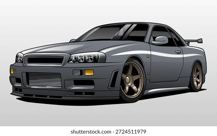 Gray modified sports car vector illustration in sleek modern style, isolated on light background, perfect for automotive design, tuning concepts, and digital artwork