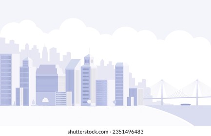 Gray monochromatic cityscape background with a bridge. City buildings with trees beside the sea. Urban landscape with modern architectural panorama. Flat-style vector illustration